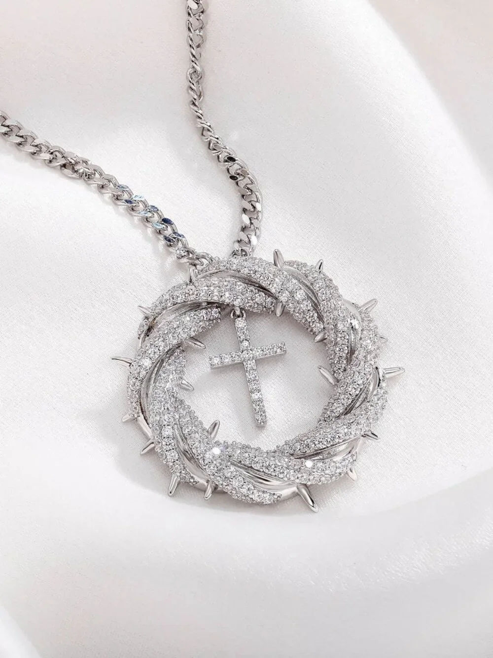 Silver Christian Cross Crown of Thorns Pendant Necklace Faith Statement Jewelry